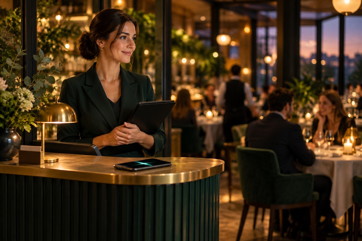 Restaurantleitung an der Rezeption mit Smartphone für die Gästekommunikation