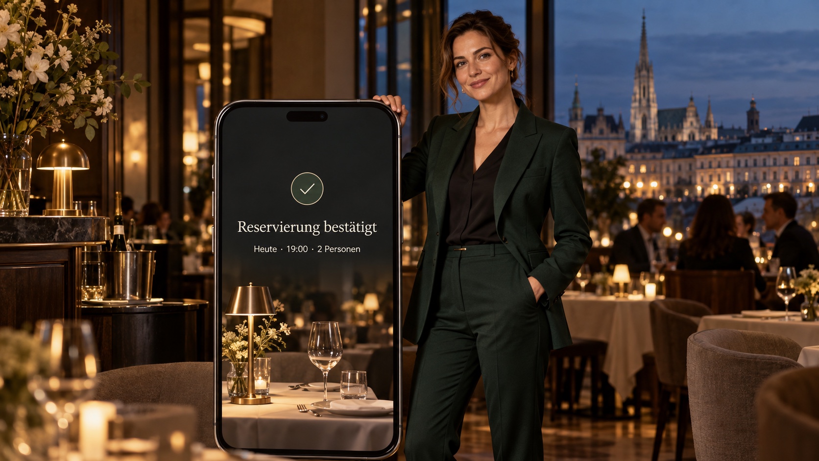 Restaurantmanagerin neben einem überdimensionalen Smartphone mit bestätigter Reservierung
